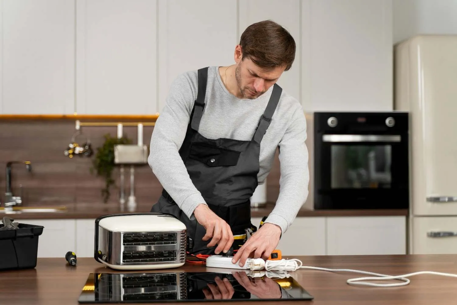 Technician testing a small kitchen appliance
